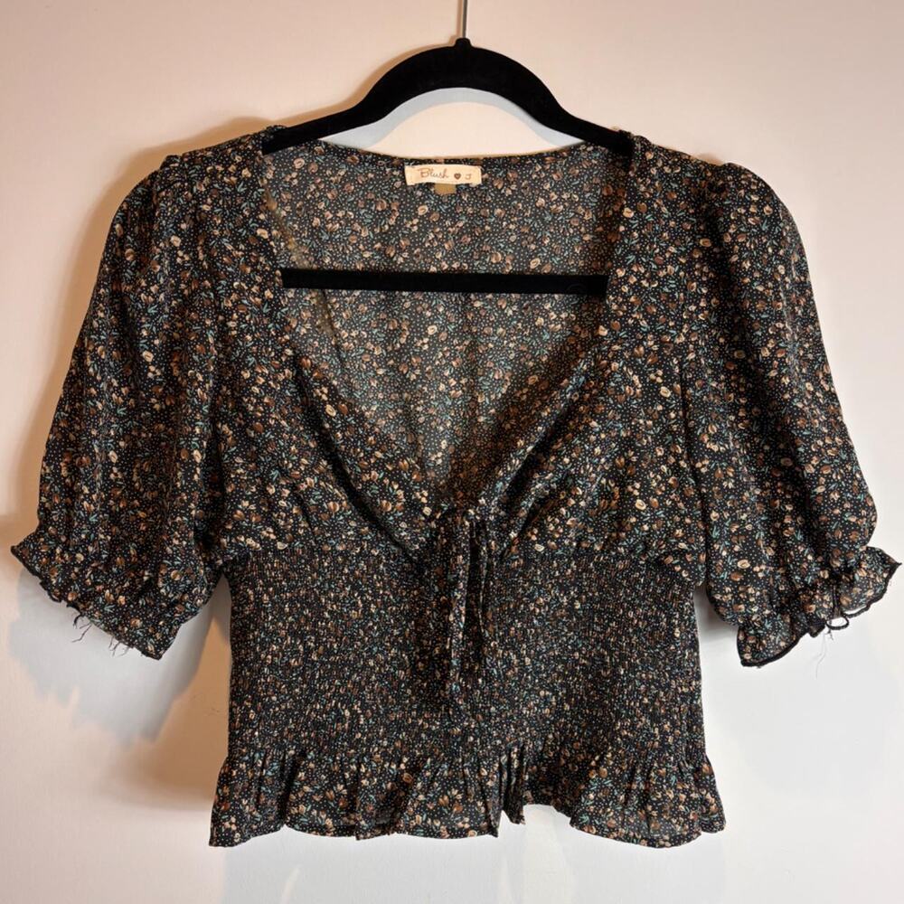 Blush Womens Smocked Floral Top Size L Black Ditsy Print Puff Sleeve Tie Front